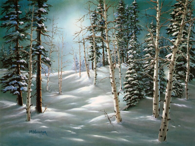 Birch Trees in Snow — White, Serene, Winter, Painting