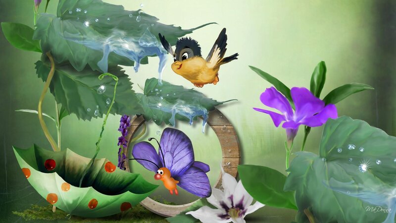 Bird and Butterfly in Garden — Green