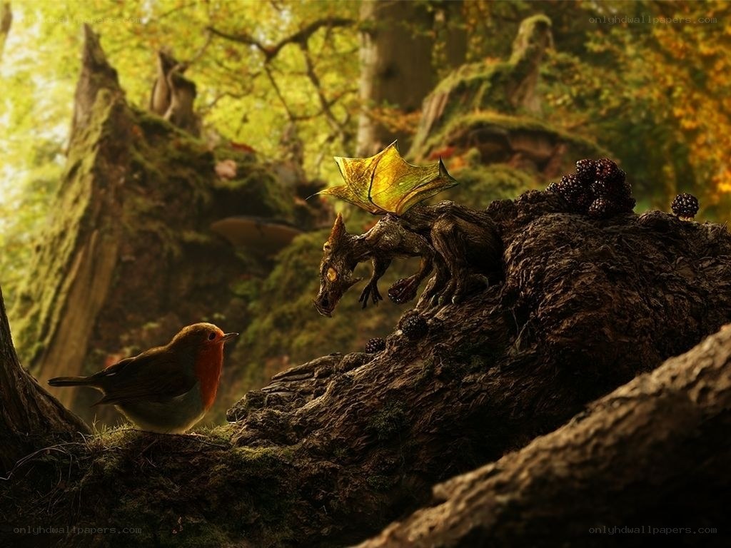 Bird and dragon in a forest