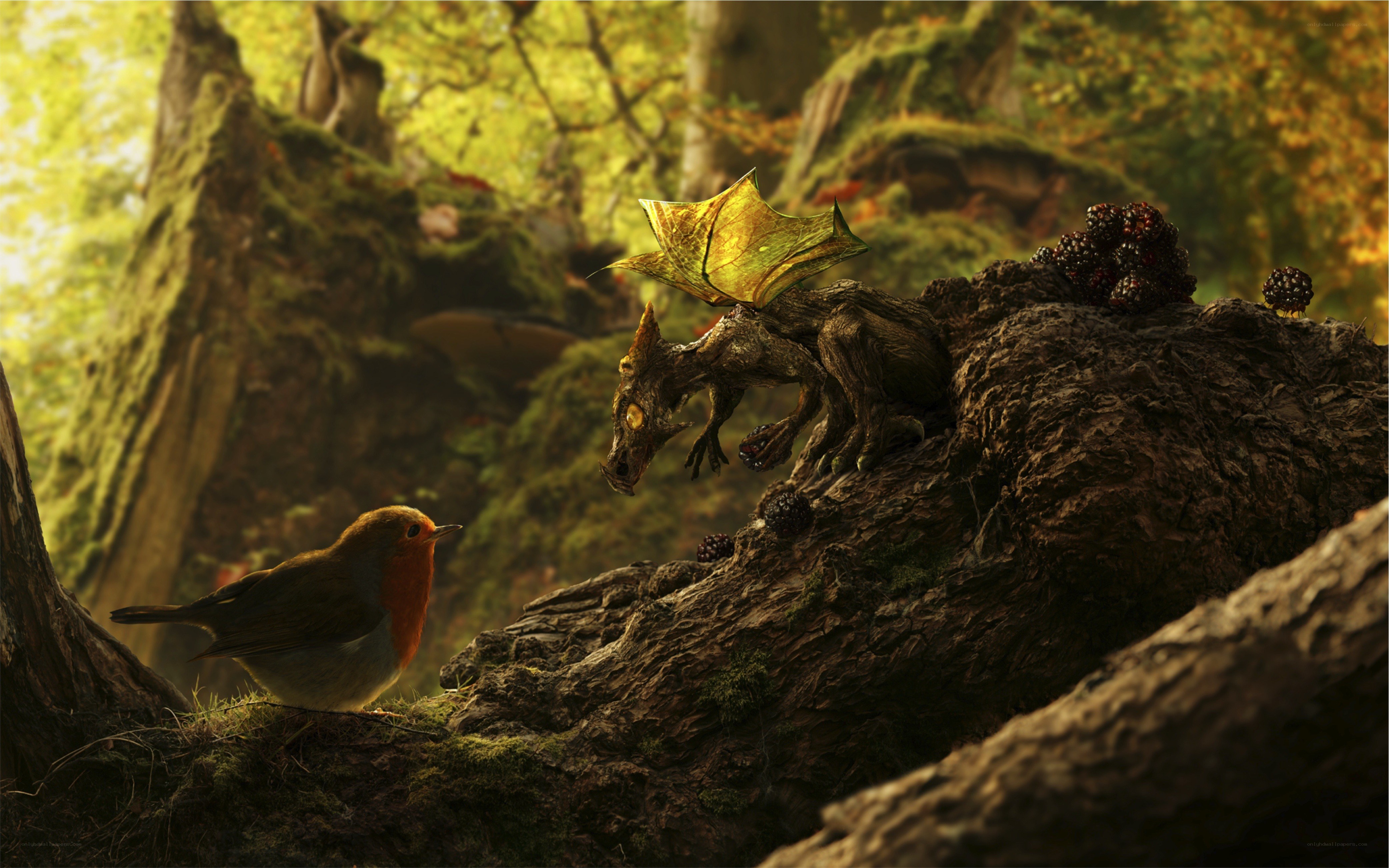 bird and dragon in forest