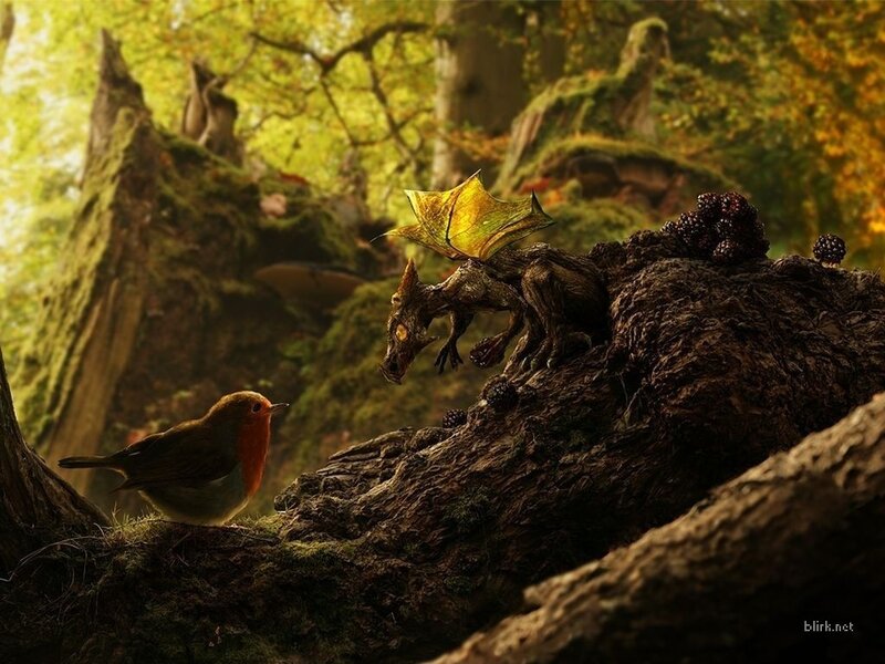 Bird and dragon in forest
