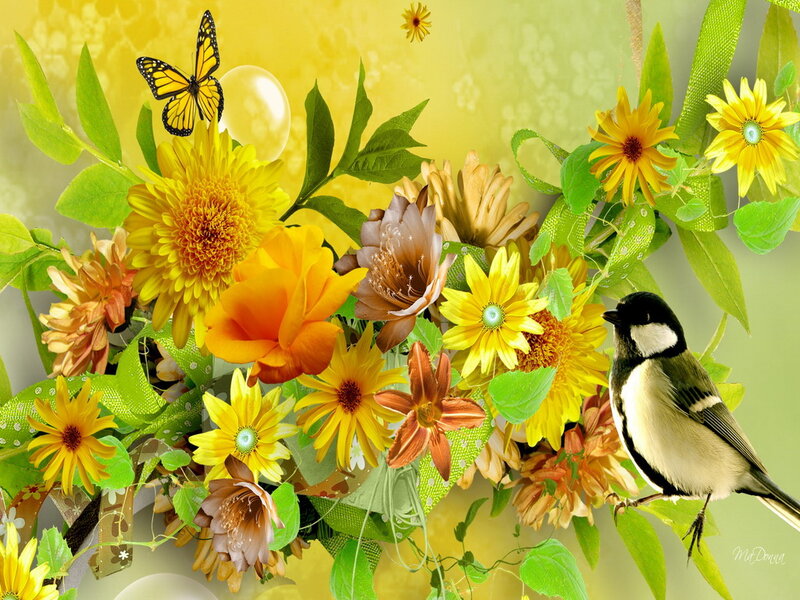 Bird and Flowers in Bouquet