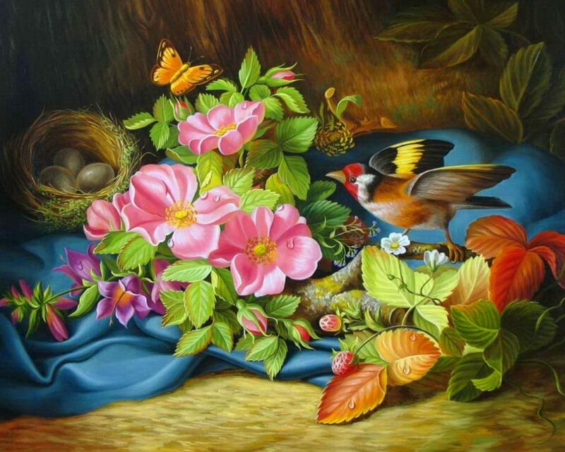 Bird and Flowers in Nest