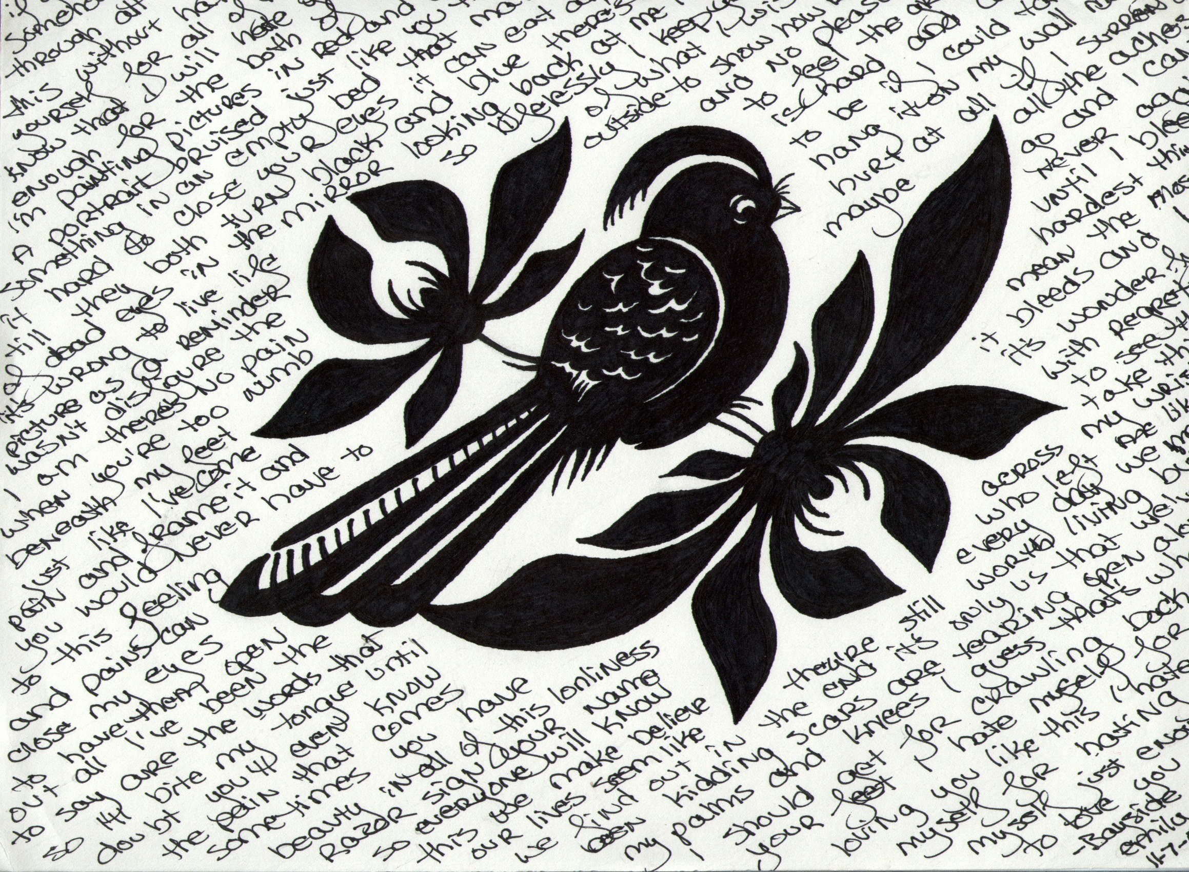 Bird and flowers with handwritten text