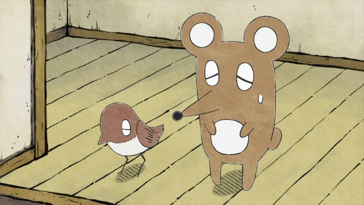 bird and mouse on wooden floor