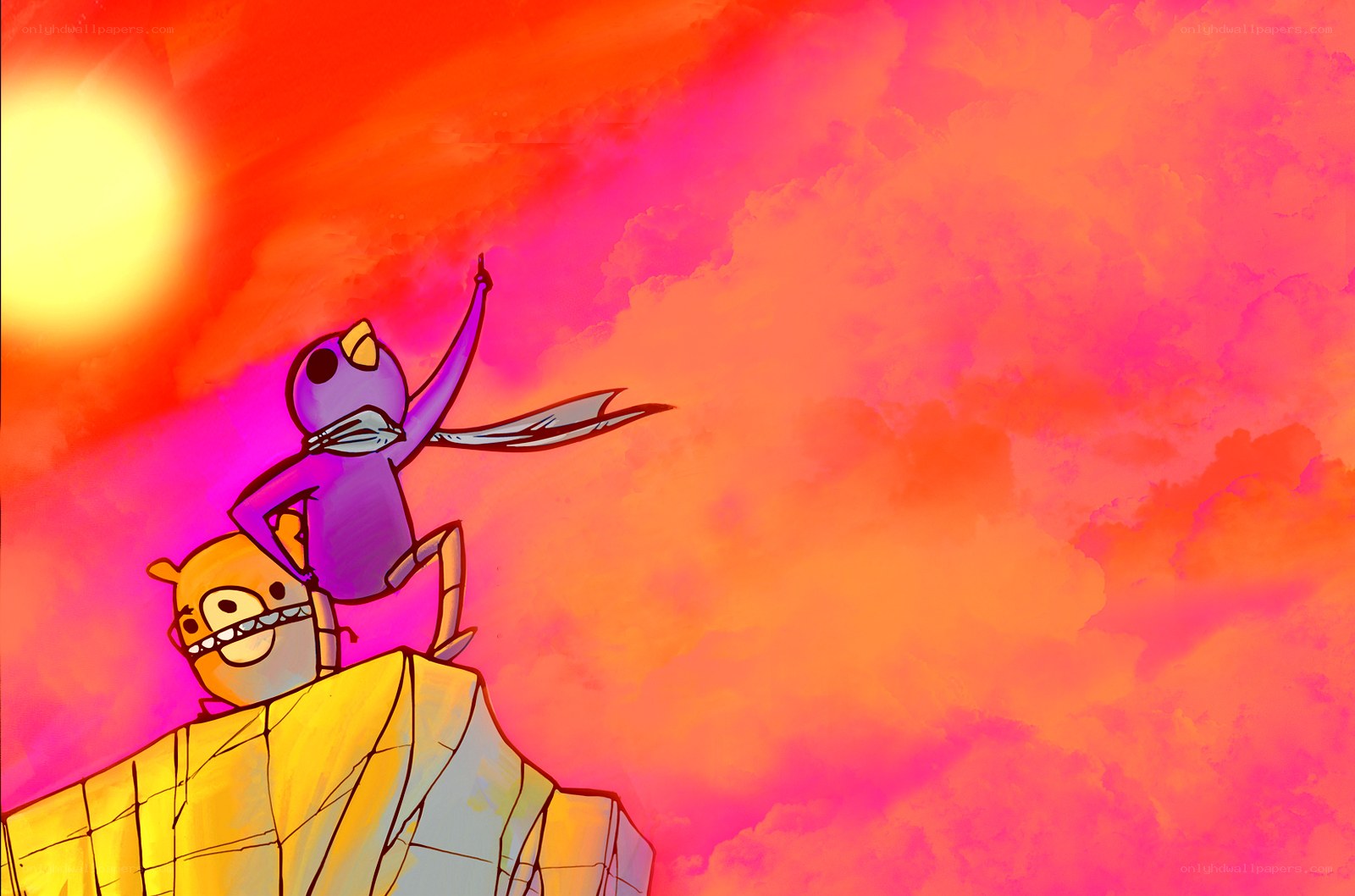 Bird and pig on a cliff