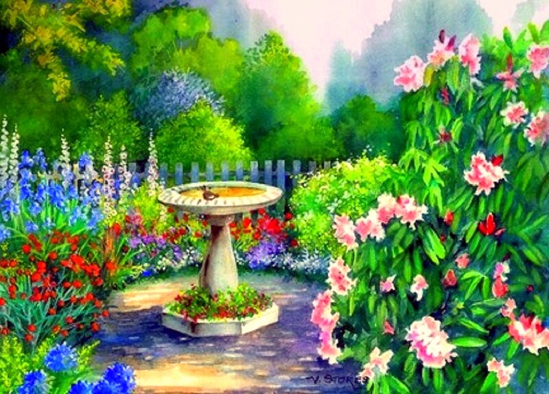 Bird Bath in Garden — Green, Serene, Afternoon