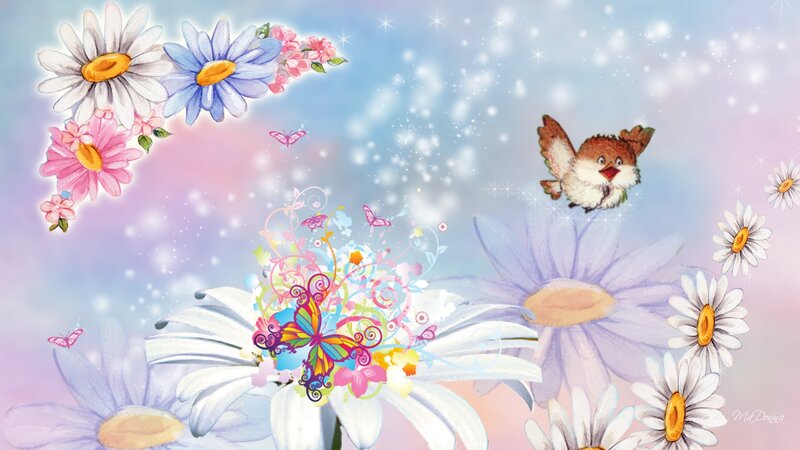 Bird Flying Among Flowers