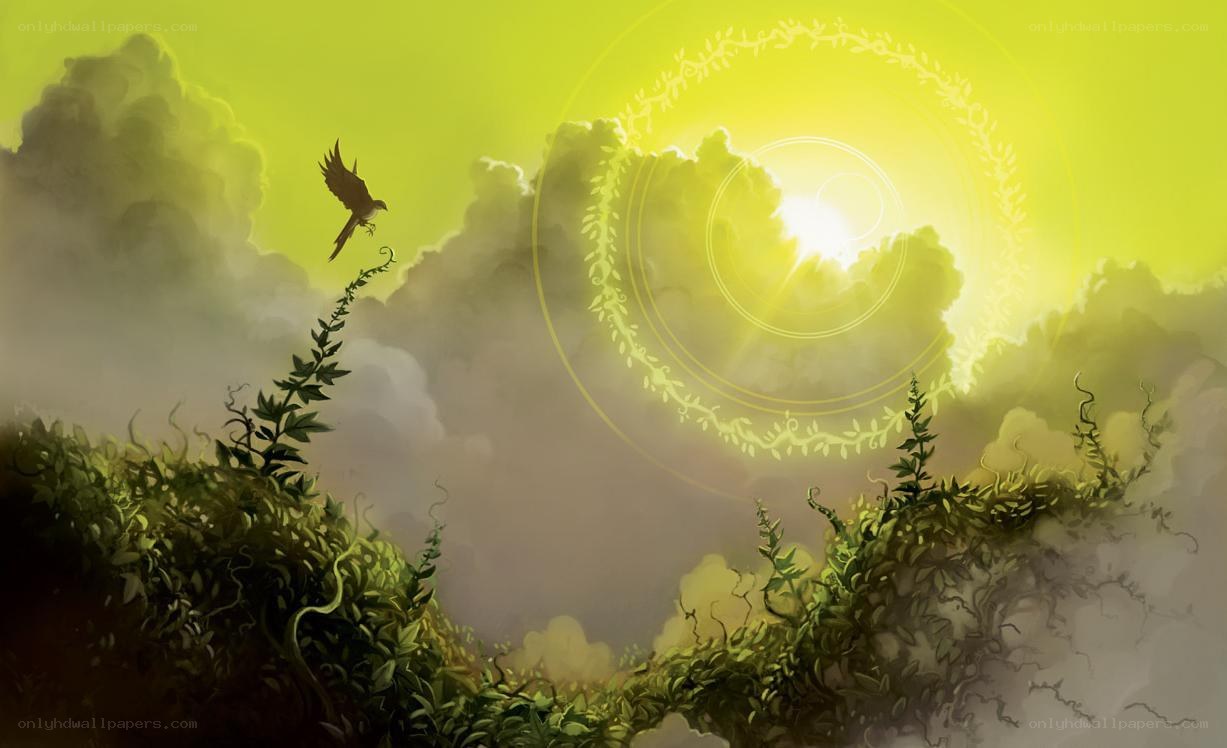 Bird flying over a lush landscape