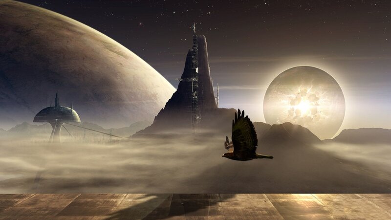 Bird Flying over Alien Landscape — Brown