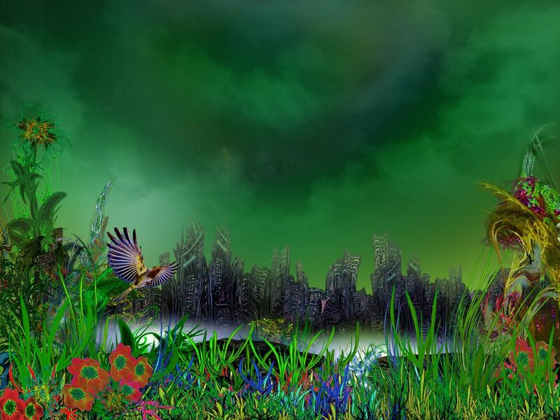 Bird Flying over Alien Landscape — Green