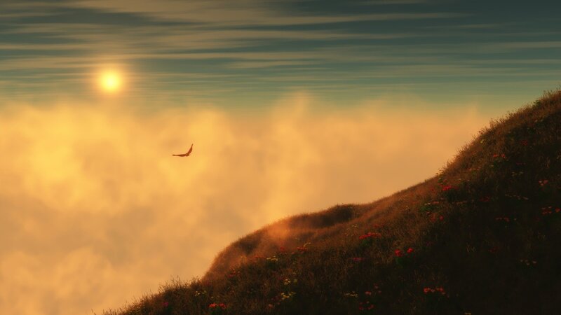 Bird Flying over Hill — Orange, Serene, Sunset, 3d Render, Sun, Clouds, Flowers