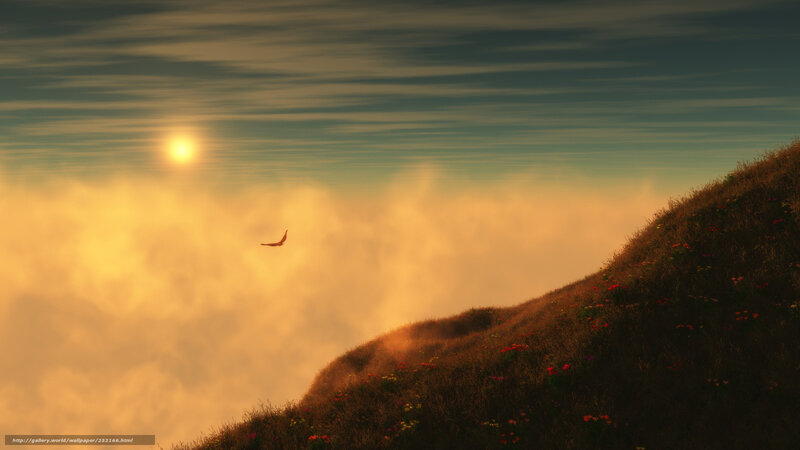Bird Flying over Hill — Orange, Serene, Sunset, Digital Art, Sun, Clouds
