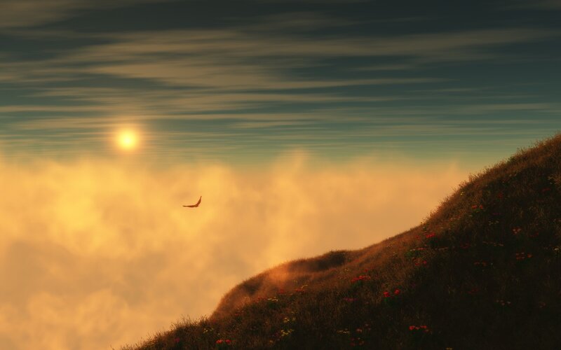 Bird Flying over Hill — Orange, Serene, Sunset, Digital Art