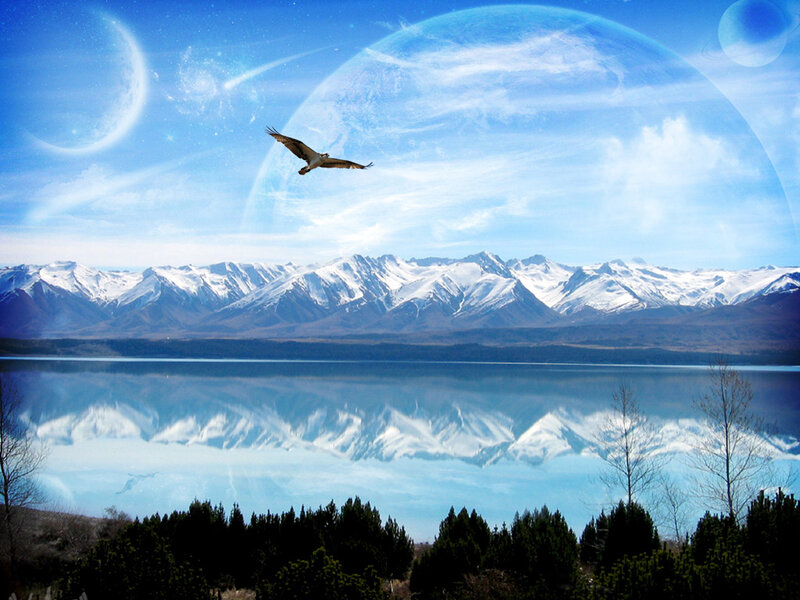 Bird Flying over Lake — Blue, Serene, Digital Art