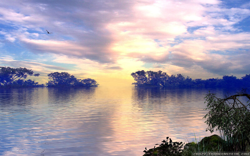 Bird Flying over Lake — Blue, Serene, Sunset, Digital Art