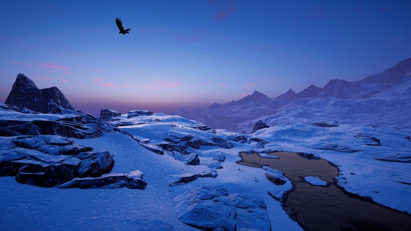 Bird Flying over Mountains — Blue, Serene, Sunset