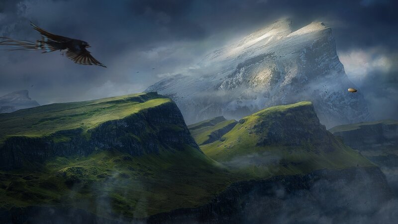 Bird Flying over Mountains — Green, Dramatic, Digital Art, Clouds, Gray, White