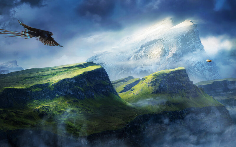 Bird Flying over Mountains — Green, Dramatic, Digital Art