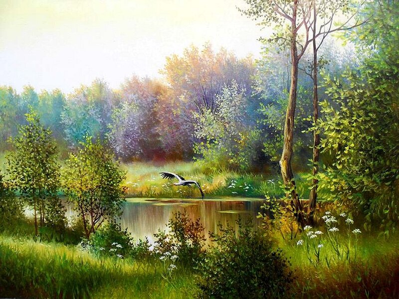 Bird Flying over Pond