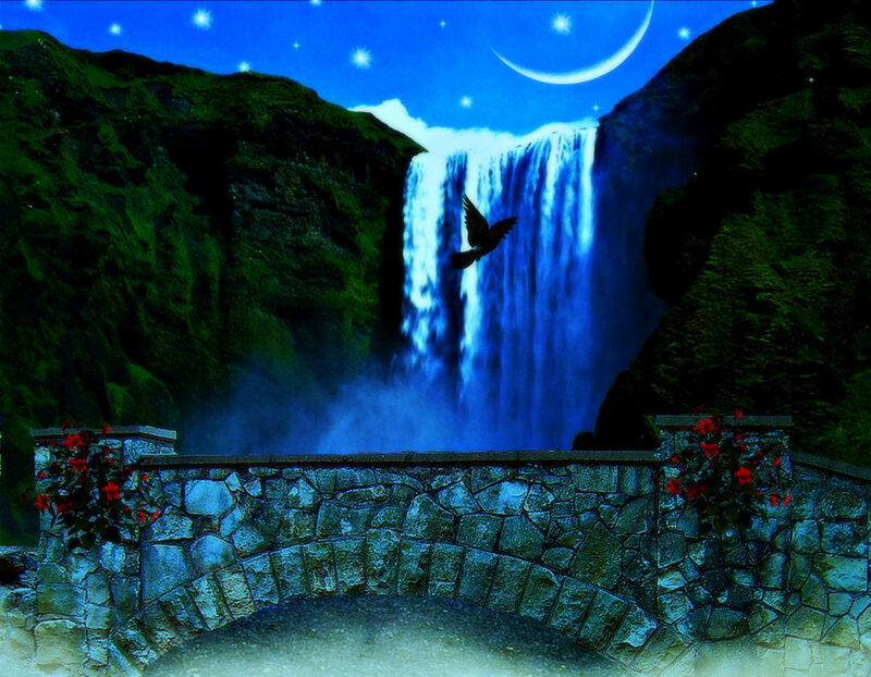 Bird Flying over Waterfall