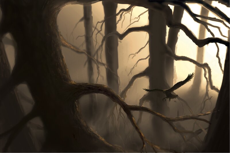 Bird flying through misty forest