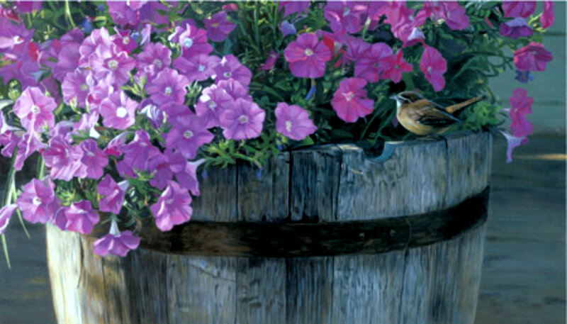 bird in a flower barrel