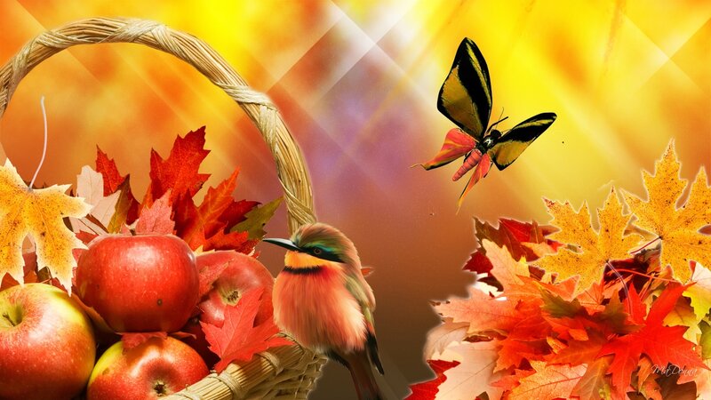 Bird in Basket with Apples