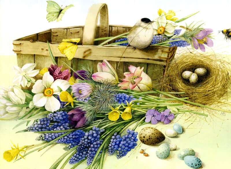 Bird in Basket with Flowers