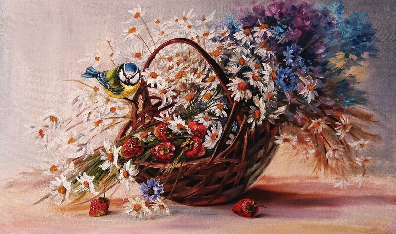 Bird in Flower Basket — White, Serene, Spring