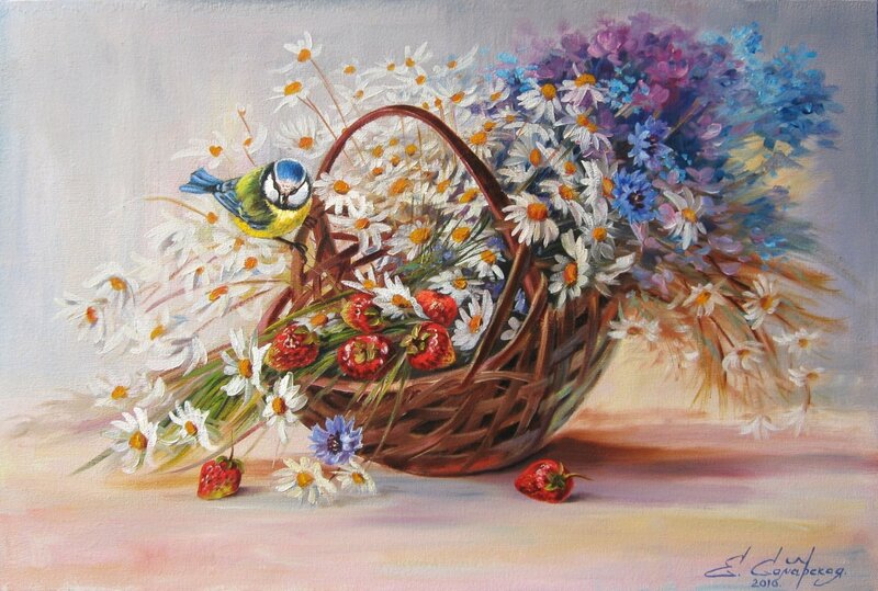 Bird in Flower Basket — White, Serene