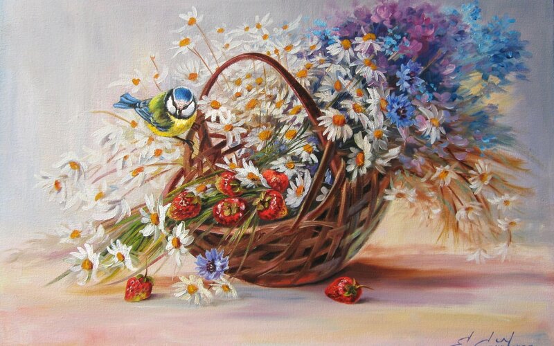 Bird in Flower Basket — White