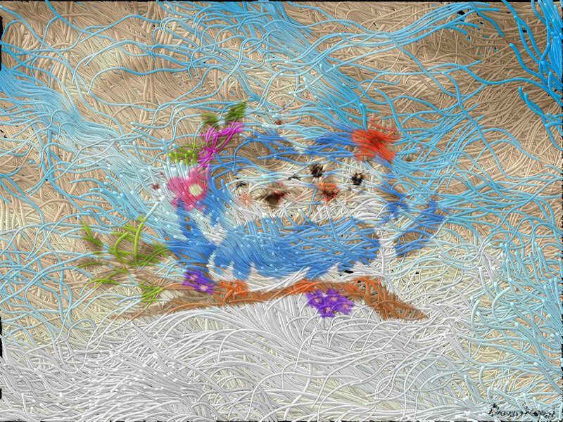 Bird in Nest with Flowers — Blue