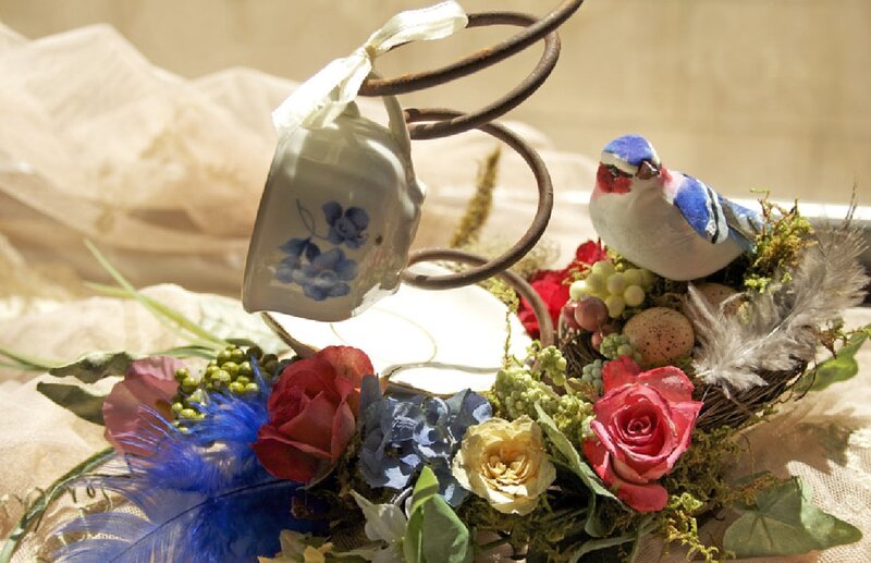 Bird in Nest with Flowers — Red
