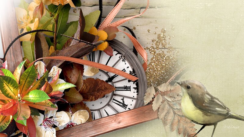 Bird Near Clock and Flowers