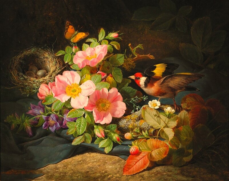 Bird Near Nest with Flowers