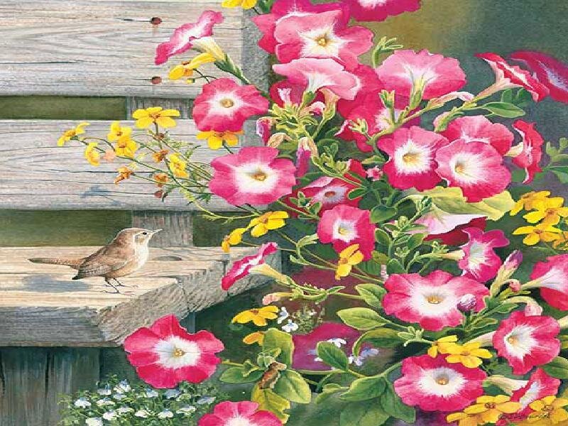 Bird on a bench with flowers