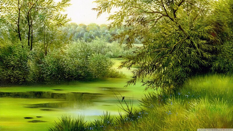 Bird on a Branch — Green, Serene, Afternoon, Painting