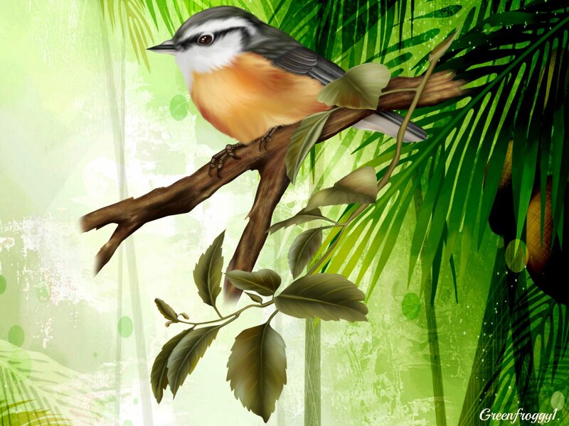 Bird on a Branch — Green, Serene, Digital Art, Leaves
