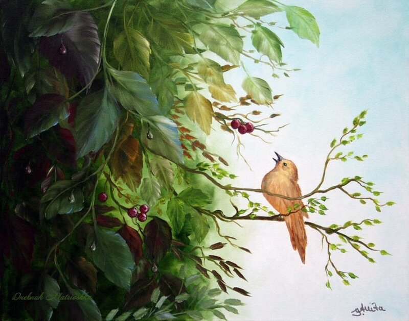 Bird on a Branch — Green, Serene, Morning, Painting