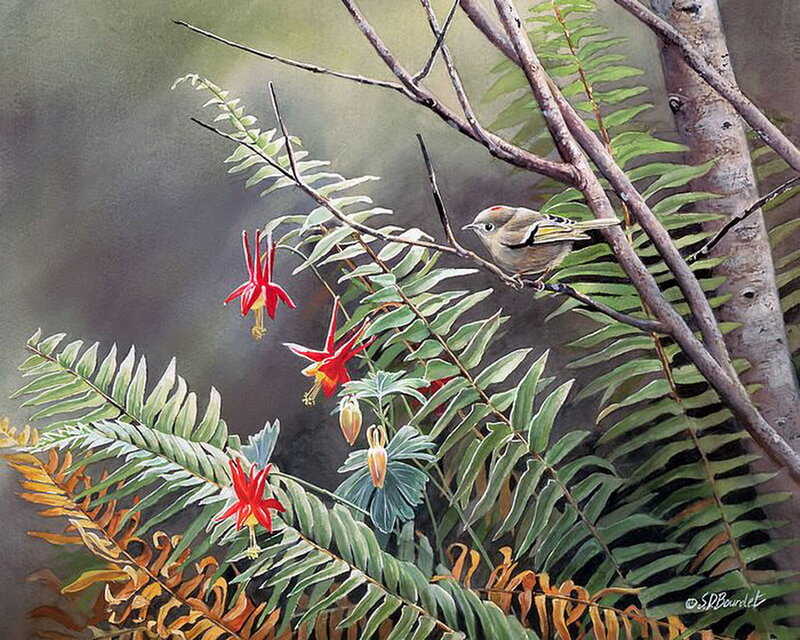 Bird on a Branch — Green, Serene, Painting