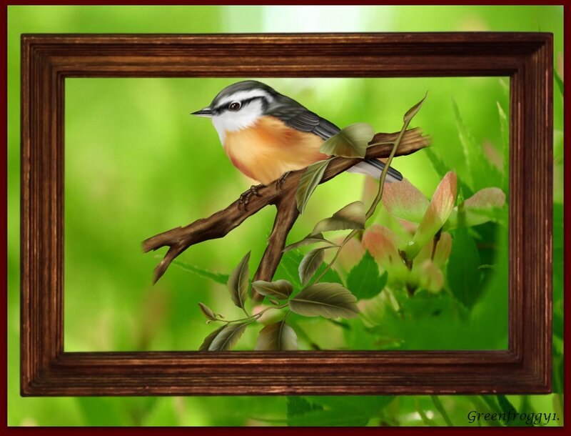 Bird on a Branch — Green, Serene, Spring, Digital Art, Leaves