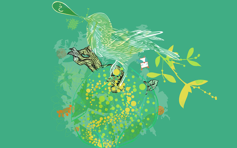 bird on a branch with green elements