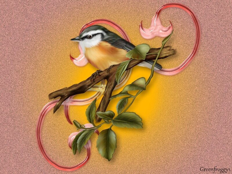 Bird on a Branch — Yellow, Serene, Digital Art