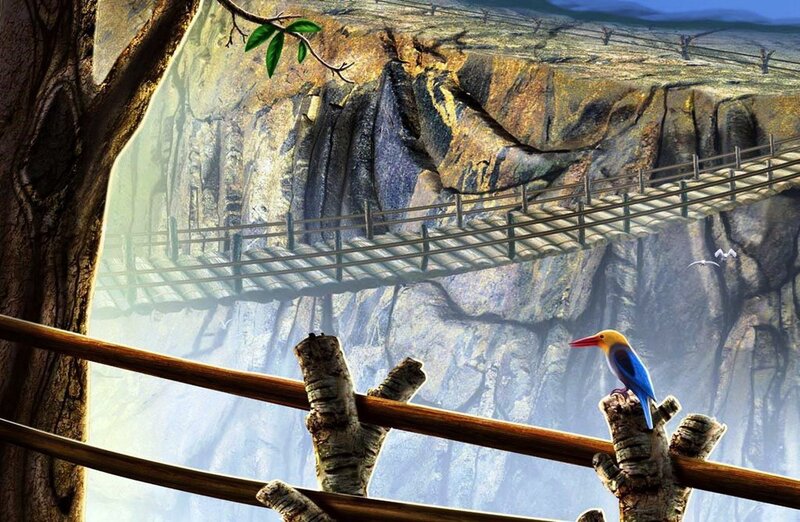 Bird on a bridge over canyon