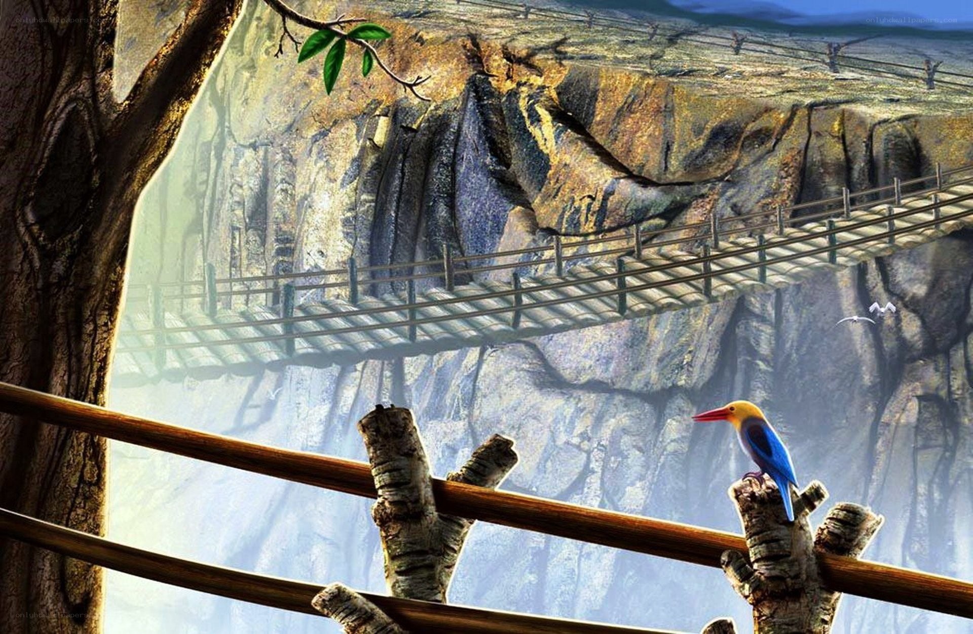 Bird on a bridge over canyon