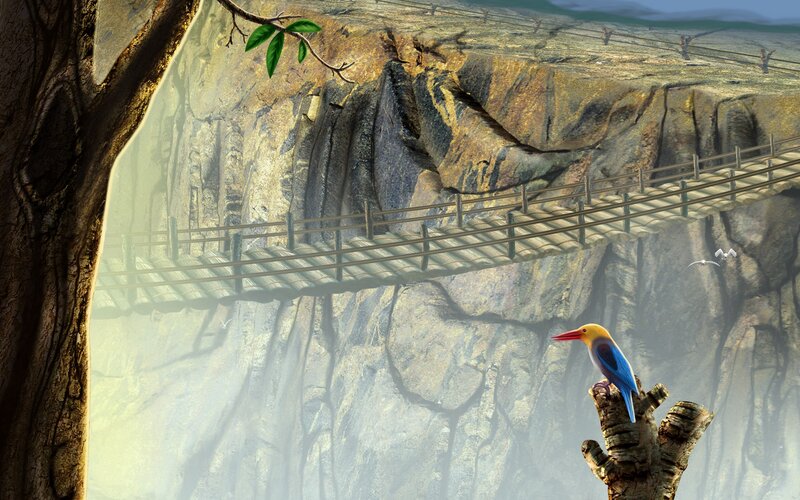 Bird on a cliffside bridge