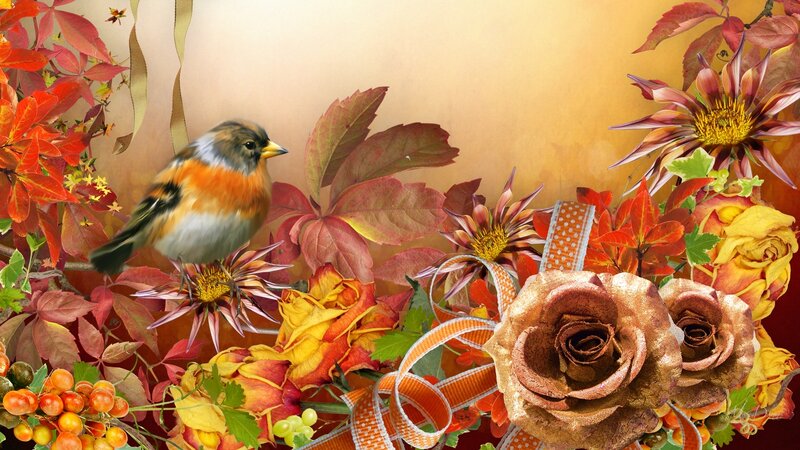 Bird on Autumn Flowers — Red