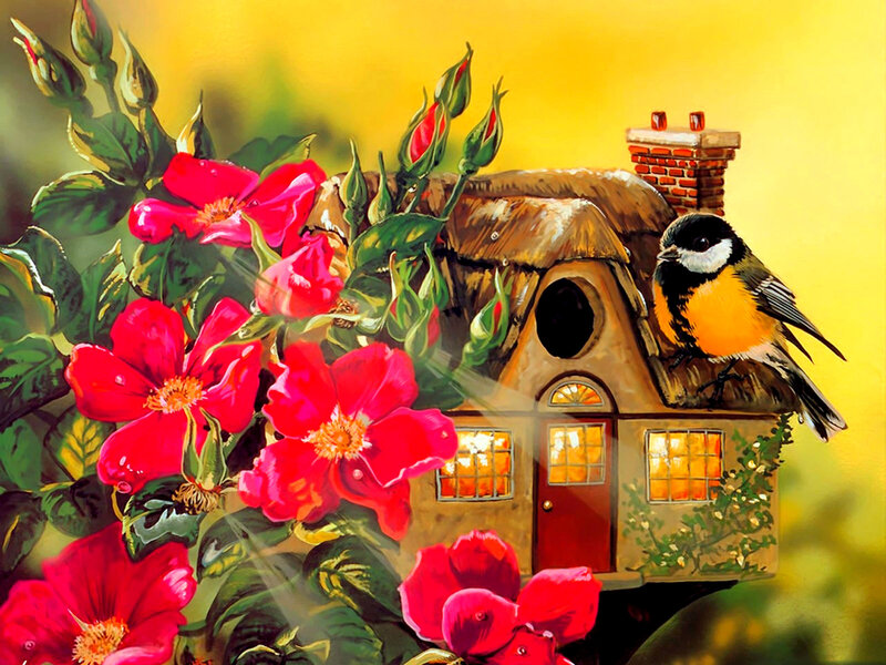 Bird on Birdhouse — Red, Serene