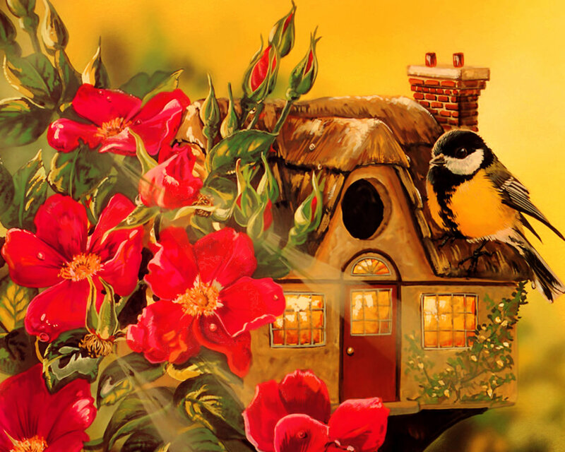 Bird on Birdhouse — Yellow, Serene